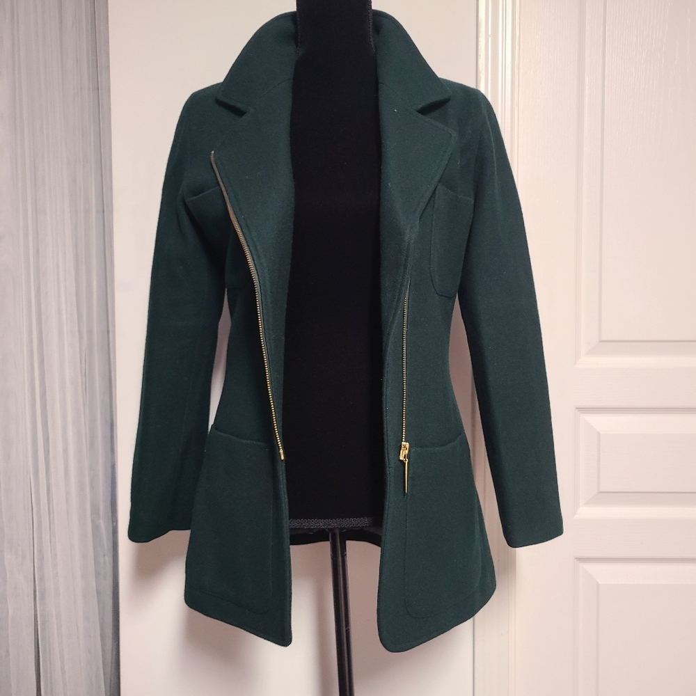 Armani Jeans Dark Green Asymmetrical Zip Wool Blend Jacket with Gold Hardware - Picture 7 of 9
